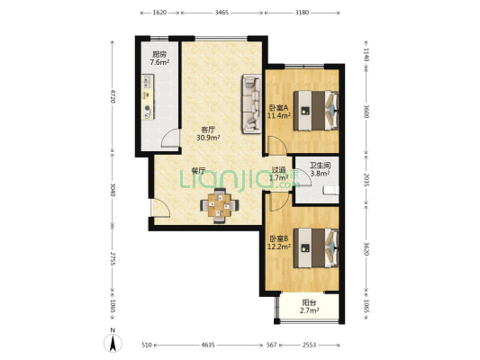 恒大龍庭B区 2室1厅1卫 95平方