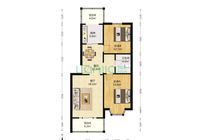 2室2厅1卫90.67㎡-北京双阳南区户型图