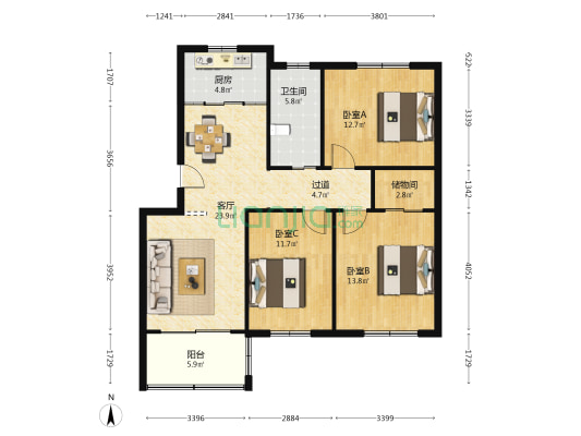 捋马雅居 3室1厅1卫 105平方