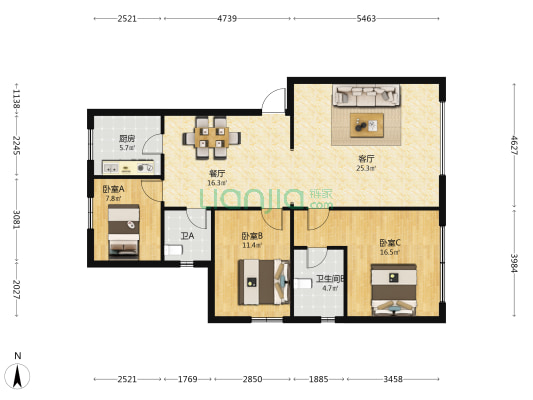 昆明院昙华小区 3室2厅2卫 105平方
