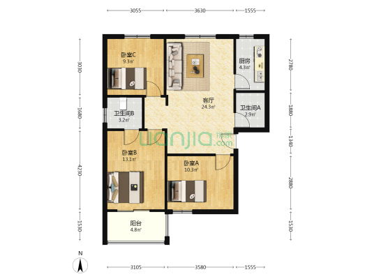 西丁 双塔 电梯房 南北三居室 采光通风好-户型图