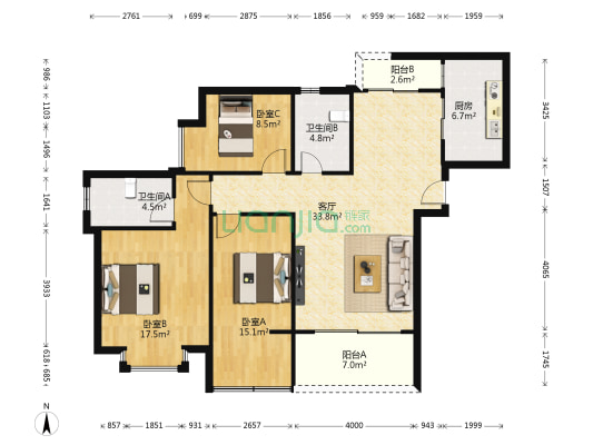 人盛钻石公寓 3室1厅2卫 110平方