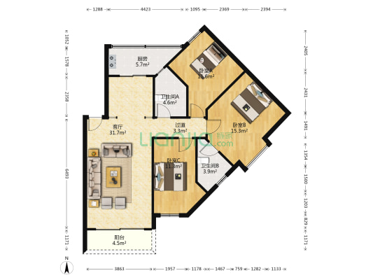 恒业豪庭 3室1厅2卫 120平方