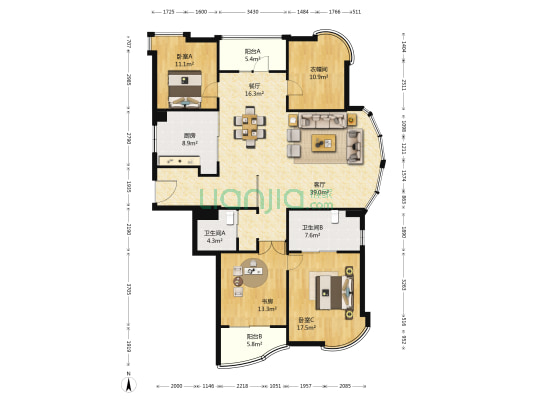 绿城皇冠花园一期 3室2厅2卫 182平方