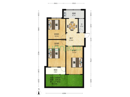 曙光街84号院 3室1厅1卫 64平方