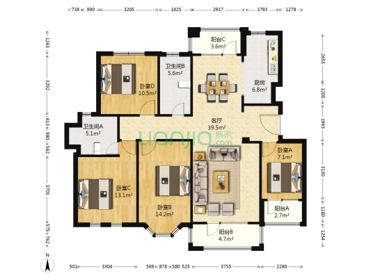 运达诺维溪谷三期 4室1厅2卫 133平方