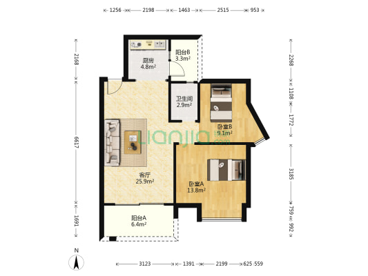 嘉源豪庭 2室1厅1卫 78平方