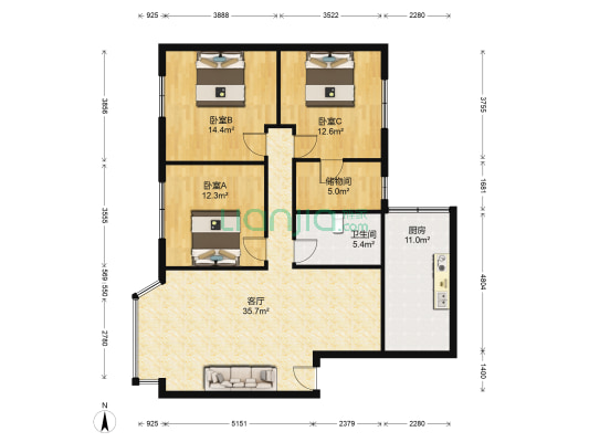 裕景家园 3室1厅1卫 114平方