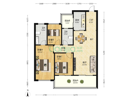 阳光金典 3室1厅2卫 113平方