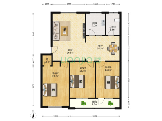 固德家属楼 3室2厅1卫 136平方