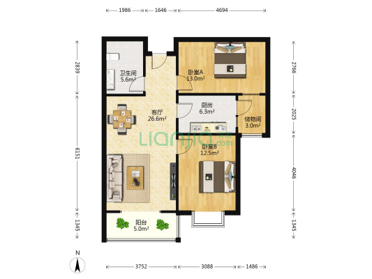 时代豪庭 2室1厅1卫 95平方