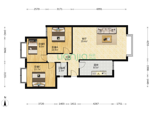 长春沟 3室1厅1卫 93平方