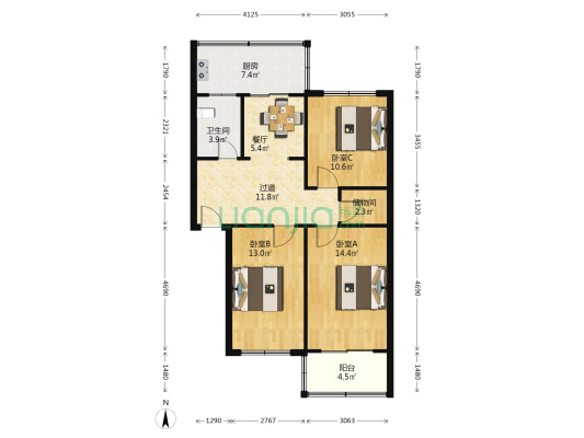 建材局家属楼 3室1厅1卫 90平方
