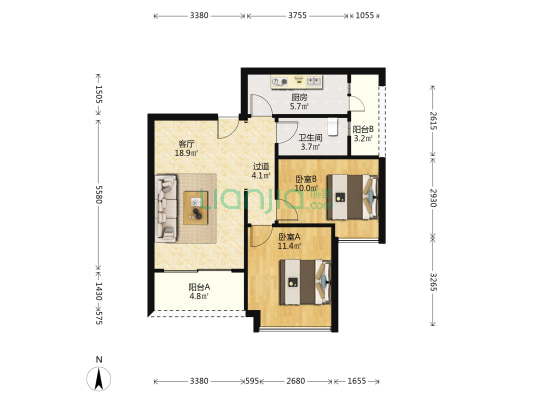 富庄庭 2室1厅1卫 77平方