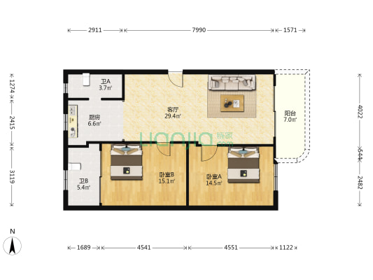 建设南路 2室1厅2卫 100平方