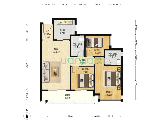 恒大健康城三期 3室1厅2卫 96平方