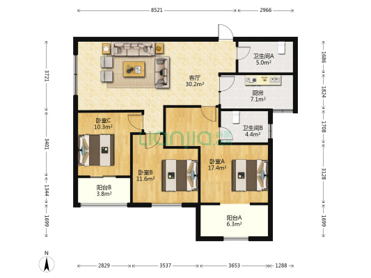 F、公馆 3室1厅2卫 120平方