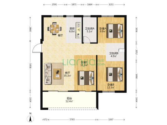 繁华里 3室1厅2卫 125平方