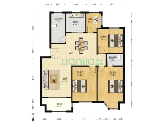 嘉源花苑 4室1厅2卫 132平方