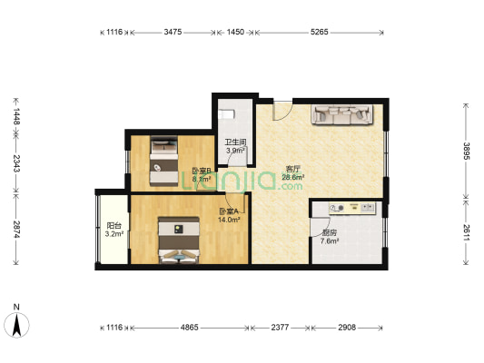 金隅康惠园1号院 2室1厅1卫 92平方