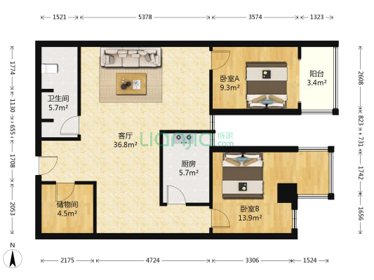 立丰国际购物广场 2室1厅1卫 107平方