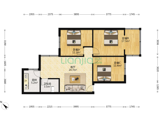 帘官公所街49号 3室1厅1卫 90平方