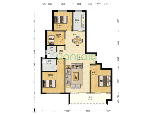 北墅花园 4室1厅2卫 141平方