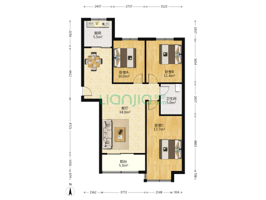 大众嘉园 3室1厅1卫 122平方