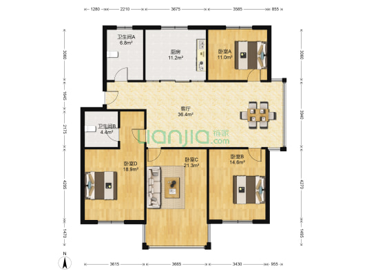 万红三村西区 4室1厅2卫 142平方