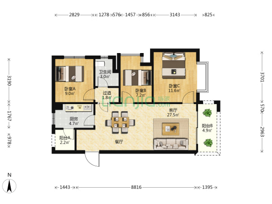 世茂璀璨倾城 3室1厅1卫 95平方