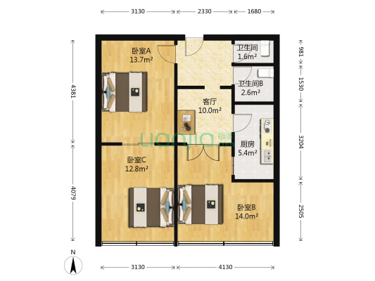 农科院宿舍 3室1厅2卫 80平方