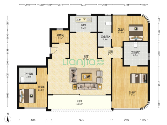 瑞安紫金堡 3室1厅3卫 180平方