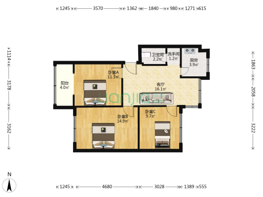 西湖巷19号院 3室1厅2卫 78平方