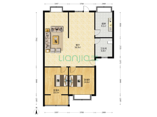 盛嘉公寓 2室1厅1卫 129平方