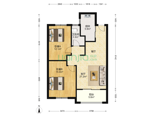 中南御锦城三区 2室1厅1卫 89平方