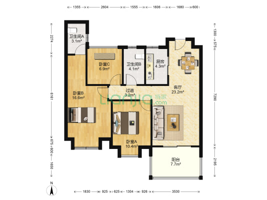 天阳明朗 3室1厅2卫 88平方
