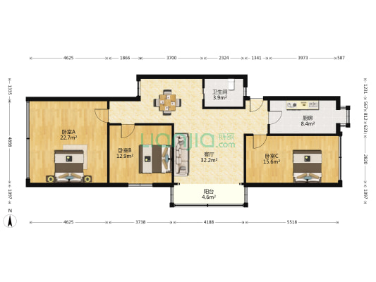 民主党派机关宿舍 3室1厅1卫 112平方