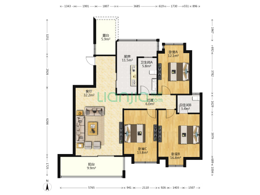 天使·水榭灣北区 3室1厅2卫 129平方