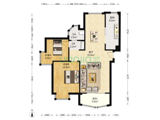 中梁棕榈湾 2室1厅2卫 89平方