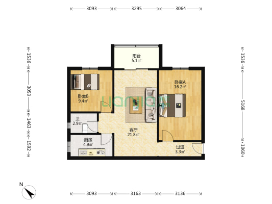 武汉市育才小学宿舍 2室1厅1卫 80平方