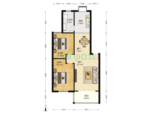 中德·奥林新城 2室2厅1卫 90平方