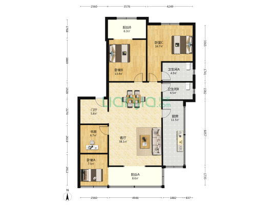 老马路6号 4室1厅2卫 131平方
