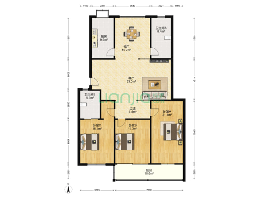 肉联宿舍(黄陂区) 3室2厅2卫 156平方