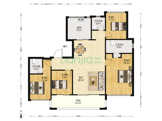 万科金域国际B区 4室1厅3卫 153平方