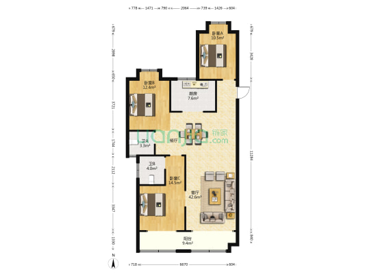 吴都广场二期 3室2厅2卫 140平方