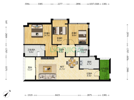 越秀臻荣府 3室1厅2卫 98平方