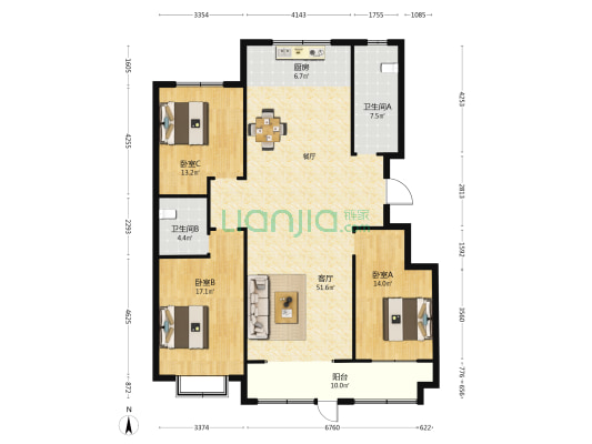 清华佳苑 3室1厅2卫 151平方
