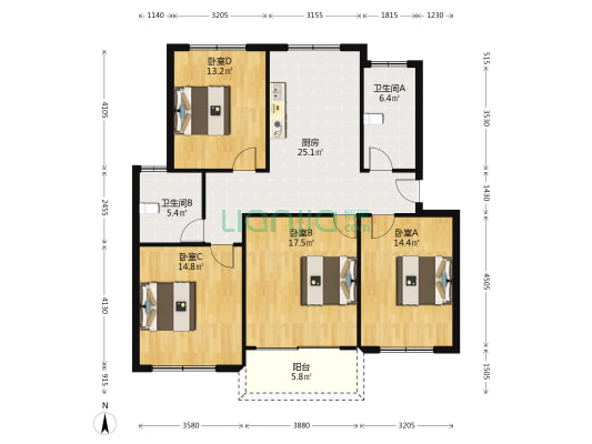 晋都苑 4室0厅2卫 115平方