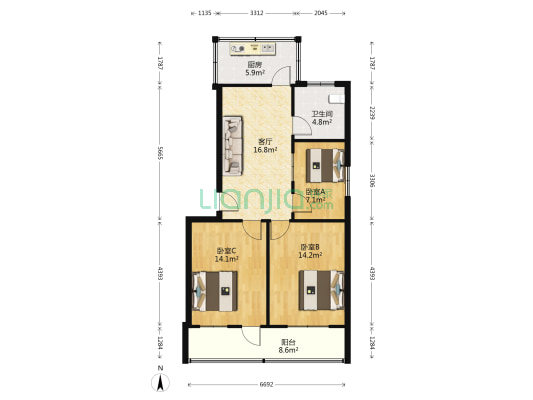 物资局宿舍 3室1厅1卫 78平方