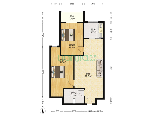 开发区 政法街 正规2居 房本满二 带装修-户型图
